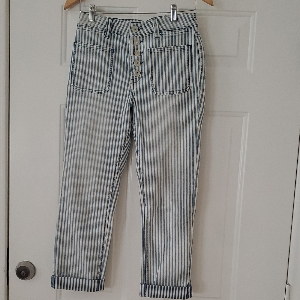 Pilcro and the Letterpress Blue and White Striped Cropped Jeans